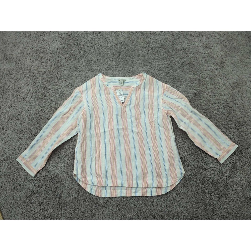 LL Bean Shirt Womens XS Pink Vertical Stripes V-Neck Long Sleeve 100% Linen NWT
